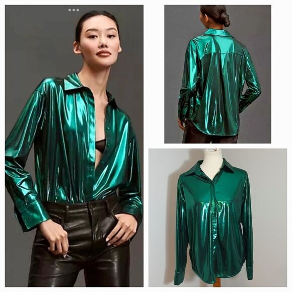 Anthropologie Gillian Liquid Shine Green Long Sleeve Button Down Shirt Size S - Picture 1 of 12